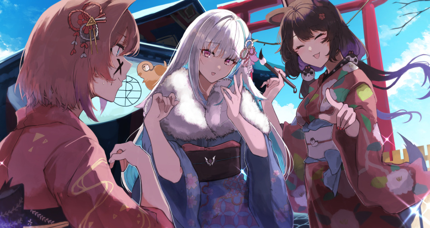 3girls :d absurdres ange_katrina animal_ears architecture bangs blue_kimono blunt_bangs breasts brown_hair closed_eyes clouds commentary_request cowboy_shot day east_asian_architecture eyebrows_visible_through_hair facepaint fang from_side fur_scarf glint hair_intakes hair_ornament highres index_finger_raised inui_toko japanese_clothes kimono lize_helesta long_hair looking_at_another lunateelf medium_breasts monocle multicolored_hair multiple_girls nail_polish nijisanji obi open_mouth outdoors pink_eyes pointing profile red_kimono red_nails sash short_hair silver_hair sky smile standing streaked_hair tail torii upper_body virtual_youtuber wide_sleeves |3 |d