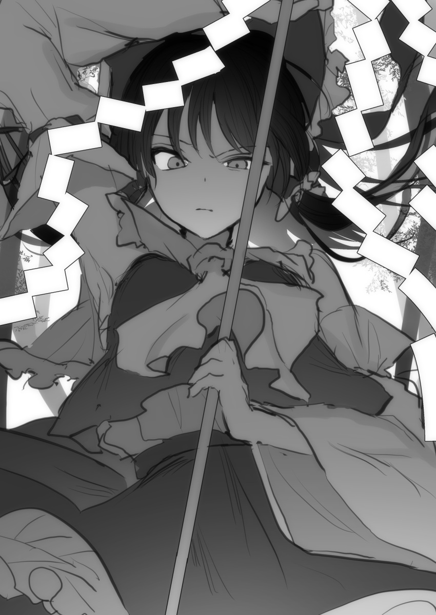 1girl absurdres ascot bangs bow closed_mouth detached_sleeves facing_viewer frilled_bow frilled_hair_tubes frilled_skirt frills gohei hair_bow hair_tubes hakurei_reimu half-closed_eye highres holding kozomezuki looking_at_viewer medium_hair monochrome nontraditional_miko shide shirt skirt solo standing touhou v-shaped_eyebrows wide_sleeves