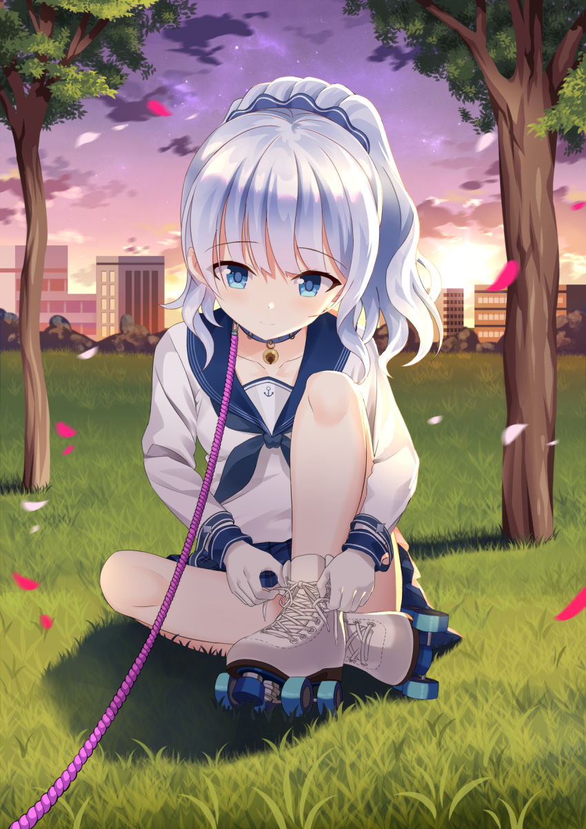 1girl bell blue_eyes blue_skirt boots building cherry_blossoms chinese_commentary clouds collar commentary_request crossed_legs gloves highres jingle_bell knee_up leash legs long_hair miniskirt okazakileo outdoors panties panty_peek petals ponytail roller_skates rope school_uniform serafuku shirt shoelaces sigsbee_(warship_girls_r) silver_hair sitting skates skirt sky solo thighs tree tying tying_boots underwear upskirt warship_girls_r white_footwear white_gloves white_panties white_shirt