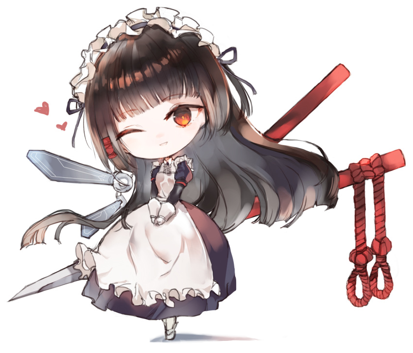 1girl apron bangs black_dress black_hair black_hairband character_request chibi commentary_request dress eyebrows_visible_through_hair floating_hair frilled_apron frilled_hairband frills full_body gloves grey_footwear hairband head_tilt heart kotatu_(akaki01aoki00) last_origin long_hair long_sleeves looking_at_viewer one_eye_closed pantyhose parted_lips puffy_short_sleeves puffy_sleeves red_eyes shadow shoes short_over_long_sleeves short_sleeves smile solo standing very_long_hair white_apron white_background white_gloves white_legwear