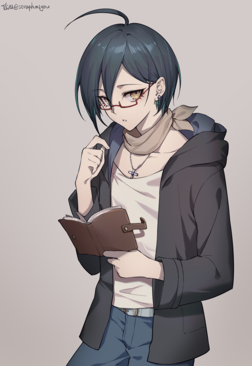 ahoge artist_name bangs belt bespectacled black_hair black_jacket blue_pants book casual collarbone commentary_request contrapposto cowboy_shot dangan_ronpa_(series) dangan_ronpa_v3:_killing_harmony denim earrings ewa_(seraphhuiyu) glasses grey_background hand_up highres holding holding_book hood hood_down jacket jeans jewelry long_sleeves looking_at_viewer necklace open_book open_clothes open_jacket pants parted_lips saihara_shuuichi semi-rimless_eyewear shirt short_hair simple_background solo under-rim_eyewear yellow_eyes