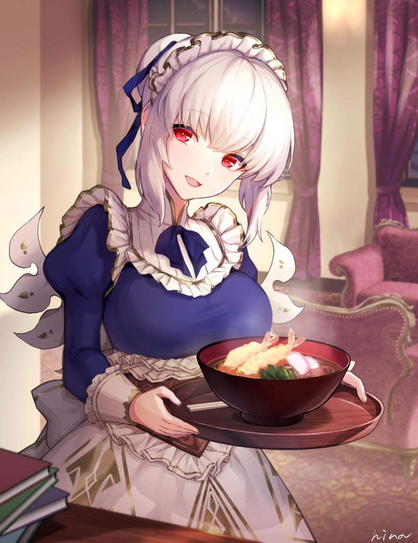 1girl :d artist_name blue_neckwear blue_ribbon book_stack bowl breasts couch curtains food frills hair_ribbon hi-na1 highres holding holding_tray indoors long_sleeves looking_at_viewer maid maid_headdress open_mouth puffy_long_sleeves puffy_sleeves red_eyes ribbon sennen_sensou_aigis serra_(sennen_sensou_aigis) short_hair shrimp shrimp_tempura sidelocks skirt smile standing table tempura tray white_hair window
