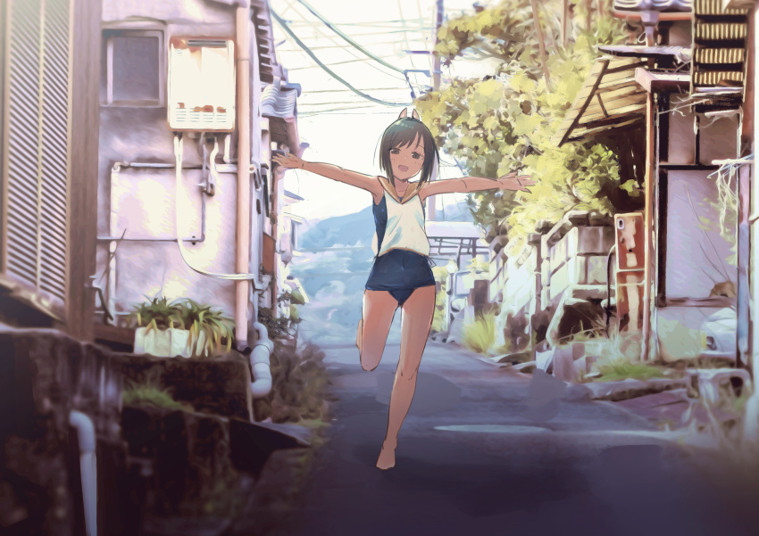 1girl bangs barefoot blue_swimsuit brown_eyes brown_hair covered_navel eyebrows_visible_through_hair highres i-401_(kantai_collection) kantai_collection open_mouth orange_sailor_collar outdoors plant ponytail potted_plant power_lines sailor_collar sakieko school_swimsuit solo standing standing_on_one_leg swimsuit swimsuit_under_clothes tree utility_pole