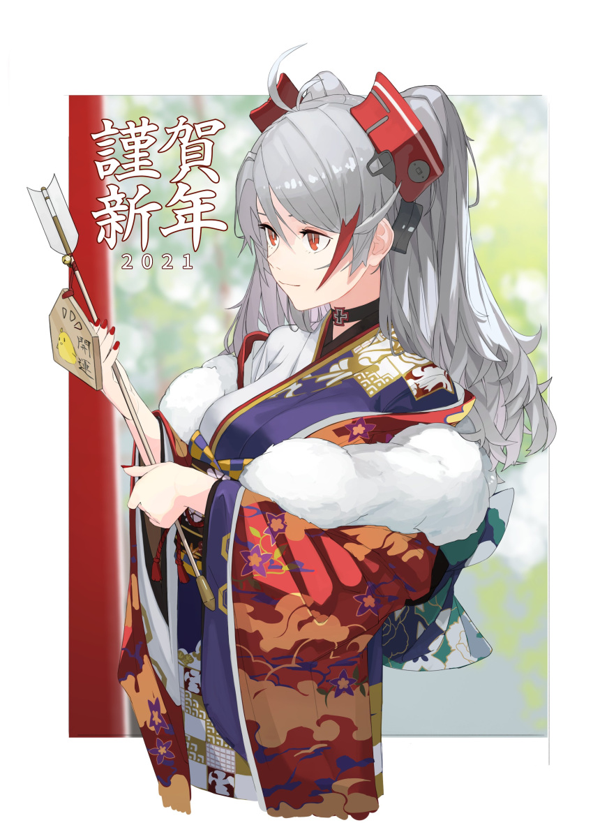 1girl 2021 absurdres antenna_hair aoiro_(t_aoiro123) arrow_(projectile) azur_lane bangs black_choker breasts brown_eyes chinese_zodiac choker closed_mouth ema eyebrows_visible_through_hair fur_trim hamaya headgear highres holding holding_arrow iron_cross japanese_clothes kimono large_breasts light_smile long_hair long_sleeves multicolored_hair nail_polish obi outdoors prinz_eugen_(azur_lane) red_nails redhead sash silver_hair solo standing streaked_hair swept_bangs two_side_up wide_sleeves year_of_the_ox
