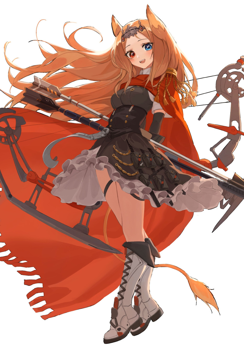 1girl :d absurdres animal_ears archetto_(arknights) arknights arms_behind_back arrow_(projectile) black_dress blue_eyes blush boots bow_(weapon) breasts cape circlet dress floating_hair full_body heterochromia highres long_hair looking_at_viewer medium_breasts open_mouth orange_hair parted_hair petticoat red_cape red_eyes rui_(rei_leyi) simple_background smile solo standing tail tassel very_long_hair weapon white_background white_footwear