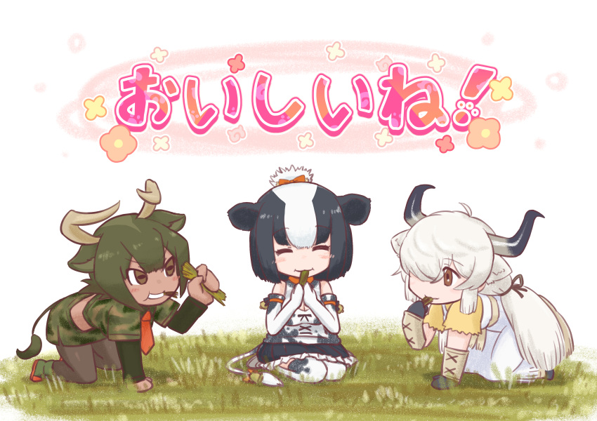 3girls :3 all_fours animal_ears animal_print aurochs_(kemono_friends) bare_shoulders bell bell_collar black_hair black_legwear black_skirt blush bow bowtie brown_bow brown_neckwear camouflage camouflage_shirt camouflage_skirt closed_eyes collar commentary_request cow_ears cow_girl cow_print cow_tail da_(bobafett) dress eating elbow_gloves extra_ears eyebrows_visible_through_hair frilled_skirt frills gloves grass green_hair green_sleeves hair_bun hair_over_one_eye highres holstein_friesian_cattle_(kemono_friends) kemono_friends kemono_friends_3 long_dress long_hair long_sleeves multicolored_hair multiple_girls necktie orange_bow ox_ears ox_girl ox_horns pantyhose pencil_skirt pleated_skirt print_gloves print_legwear print_shirt red_neckwear seiza shirt short_hair short_sleeves sitting skirt sleeveless t-shirt tail tail_bell tail_bow tail_ornament tank_top thigh-highs translated twintails two-tone_hair white_dress white_gloves white_hair yak_(kemono_friends) yellow_shirt zettai_ryouiki