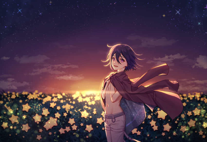 1boy :d belt commentary_request constellation cowboy_shot dangan_ronpa_(series) dangan_ronpa_v3:_killing_harmony ewa_(seraphhuiyu) from_side groin hair_between_eyes hands_up highres jacket jacket_on_shoulders looking_at_viewer male_focus night night_sky open_clothes open_jacket open_mouth ouma_kokichi pants pink_eyes shooting_star short_hair sky smile solo space space_print spoilers standing star_(sky) starry_sky starry_sky_print sunset white_pants