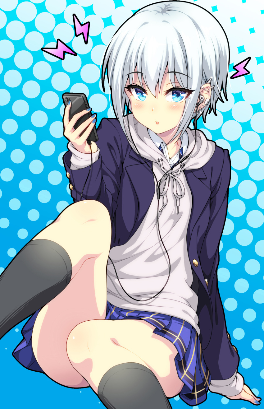 1girl absurdres blue_background blue_eyes blush cellphone collared_shirt commentary_request ear_piercing earphones earphones earrings eyebrows_visible_through_hair highres holding holding_phone hood hoodie jewelry limitedsando listening_to_music looking_at_viewer multiple_piercings nail_polish original otomore_(shashaki) phone piercing school_uniform shirt short_hair sidelocks silver_hair simple_background sitting skirt smartphone socks solo wire