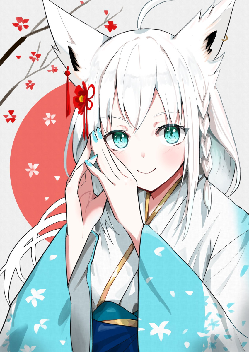 1girl ahoge animal_ears blue_kimono blush braid closed_mouth commentary eyebrows_visible_through_hair fingers_together fox_ears grey_background hair_ornament hands_together highres hololive japanese_clothes kimono light_blue_eyes long_hair looking_at_viewer moon2dog multicolored multicolored_clothes multicolored_kimono obi red_background rising_sun sash shirakami_fubuki side_braid simple_background single_braid smile solo sunburst upper_body virtual_youtuber white_hair white_kimono wide_sleeves