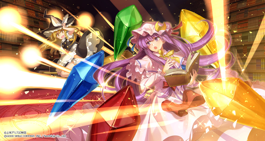 2girls apron arm_up beam black_headwear black_skirt black_vest blonde_hair blue_ribbon book bow broom broom_riding capelet commentary_request crescent crystal dress duel fighting floating_hair frilled_apron frilled_capelet frilled_skirt frills glint hagiwara_rin hair_bow hand_on_headwear hands_up hat hat_bow hat_ribbon holding holding_book indoors kirisame_marisa library light_rays long_hair looking_back magic_circle multiple_girls open_book open_mouth patchouli_knowledge philosopher's_stone pink_capelet pink_dress pink_headwear puffy_short_sleeves puffy_sleeves purple_hair red_ribbon ribbon scarlet_devil_mansion short_sleeves skirt sparkle spell_card striped sweatdrop touhou touhou_lost_word turtleneck vertical-striped_dress vertical_stripes vest violet_eyes voile waist_apron wavy_mouth white_apron white_bow witch_hat yellow_eyes