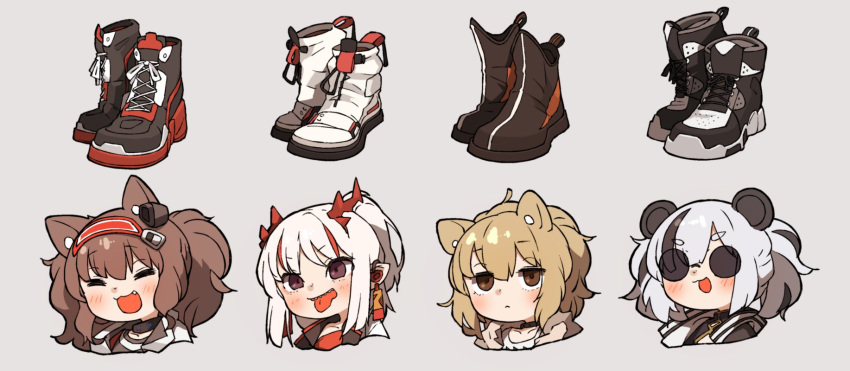4girls amonitto angelina_(arknights) animal_ears arknights blonde_hair boots brown_hair feater_(arknights) fox_ears grey_hair high_tops highres horns lion_ears multicolored_hair multiple_girls nian_(arknights) panda_ears pointy_ears ponytail shoes siege_(arknights) sneakers streaked_hair sunglasses tongue tongue_out white_hair