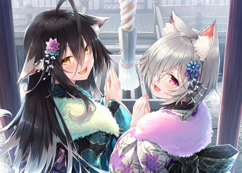 2girls :d absurdres animal_ear_fluff animal_ears bangs black_hair blue_kimono blush brown_eyes commentary_request eyebrows_visible_through_hair fang floral_print from_behind fur_collar grey_hair hair_between_eyes hair_ornament hair_over_one_eye hands_together hands_up hasumi_(hasubatake39) highres huge_filesize japanese_clothes kimono long_hair looking_at_viewer looking_back multicolored_hair multiple_girls nail_polish open_mouth original own_hands_together palms_together pink_nails print_kimono short_hair shrine sidelocks smile two-tone_hair upper_body white_hair white_kimono