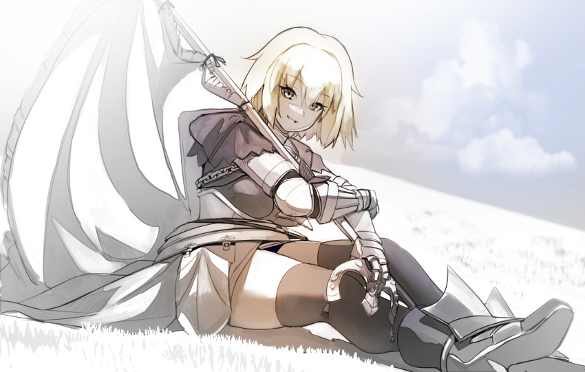 1girl armor armored_dress bangs blush breasts chain collar fate/apocrypha fate_(series) faulds flag gauntlets greyscale headpiece highres jeanne_d'arc_(fate) jeanne_d'arc_(fate)_(all) large_breasts long_hair looking_at_viewer metal_collar monochrome naze plackart polearm sitting smile thigh-highs very_long_hair weapon