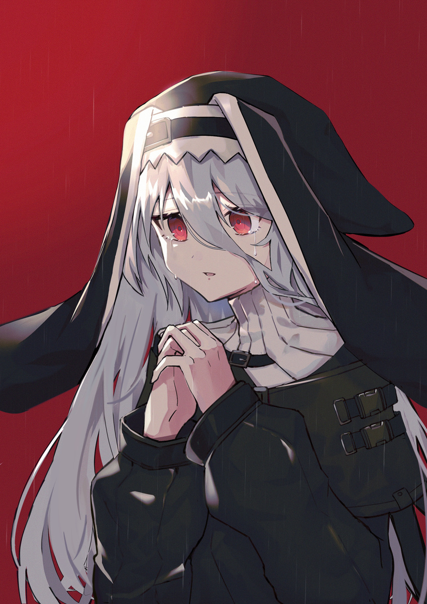 1girl arknights bangs black_dress commentary_request crying crying_with_eyes_open dress eyebrows_visible_through_hair grey_hair habit hair_between_eyes hands_up highres indoors long_hair long_sleeves nun off-shoulder_dress off_shoulder open_mouth parted_lips praying red_background red_eyes ribbed_sweater shochu_a silver_hair solo specter_(arknights) sweater tears upper_body white_sweater