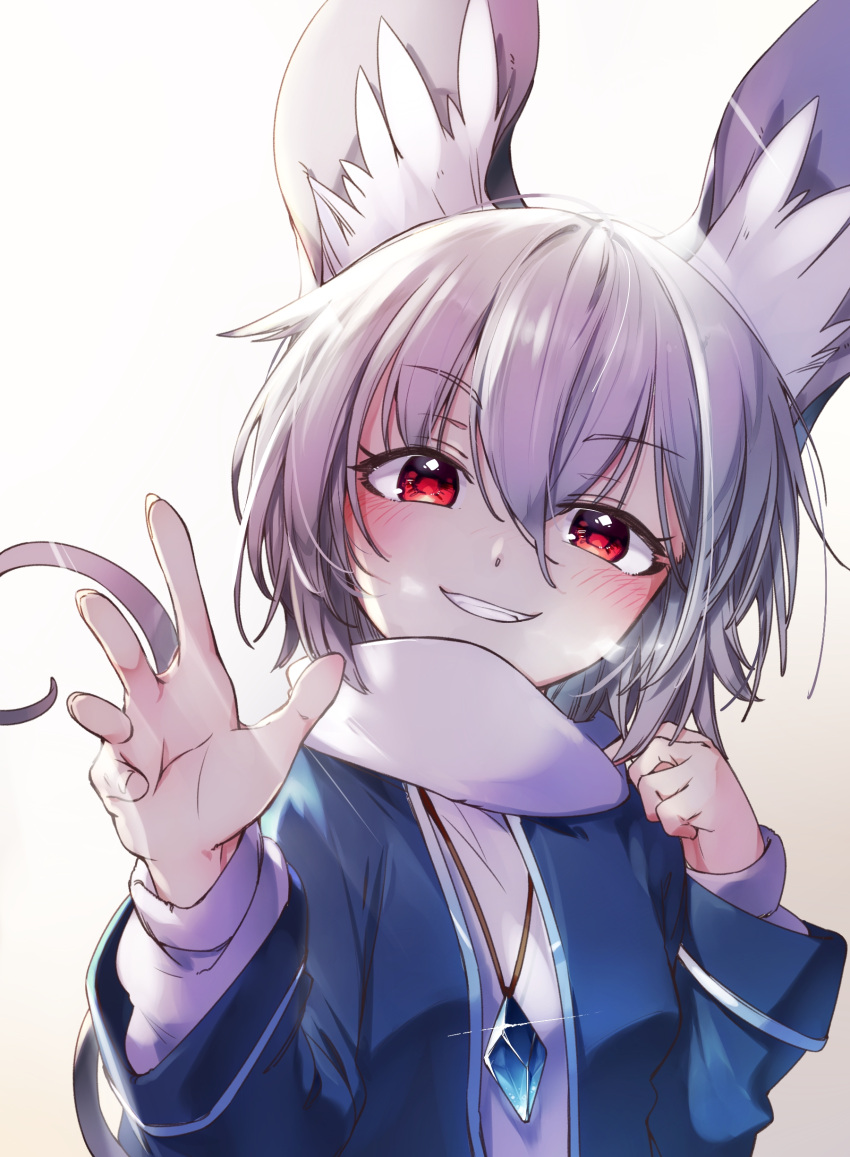 1girl absurdres adapted_costume animal_ear_fluff animal_ears bangs blue_jacket blush breasts commentary_request eyebrows_visible_through_hair glint grey_hair grin hair_between_eyes hand_up head_tilt highres jacket jewelry kibayashi_kimori long_sleeves looking_at_viewer mouse_ears mouse_tail nazrin pendant red_eyes scarf shirt short_hair simple_background small_breasts smile solo tail touhou upper_body waving white_background white_scarf white_shirt winter_clothes