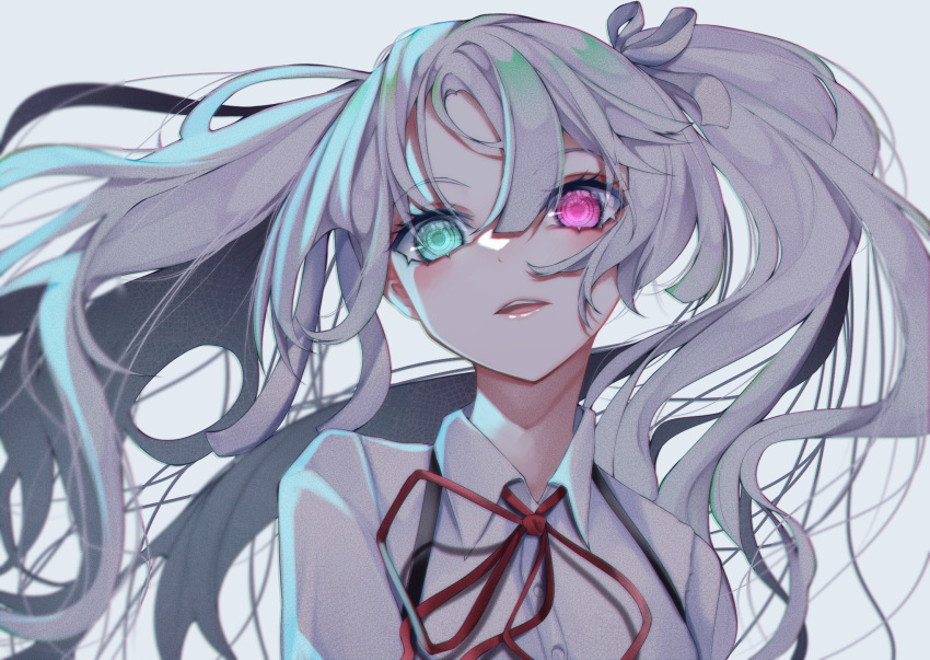 1girl aqua_eyes commentary_request eyebrows_visible_through_hair fall_dommmmmer grey_background hair_between_eyes hair_ribbon hatsune_miku highres long_hair looking_at_viewer pink_eyes project_sekai red_neckwear red_ribbon ribbon shirt simple_background solo twintails upper_body vocaloid white_hair white_ribbon white_shirt