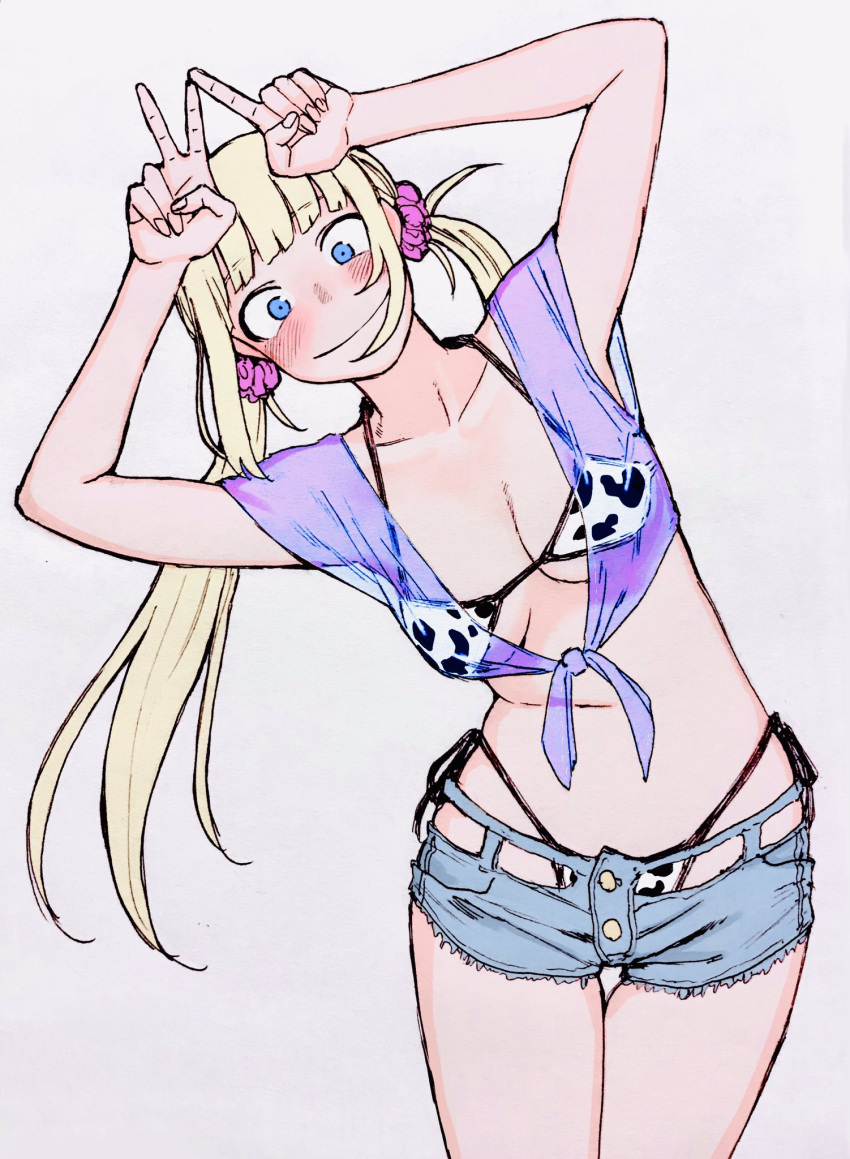 1girl 2021 animal_print bangs bikini blonde_hair blue_eyes blush breasts cow_print denim denim_shorts grey_background haiokumantan_c hair_ornament hair_scrunchie highleg highleg_bikini highres index_finger_raised long_hair low_twintails medium_breasts new_year original scrunchie see-through shirt short_shorts shorts side-tie_bikini simple_background smile solo swimsuit tied_shirt twintails v