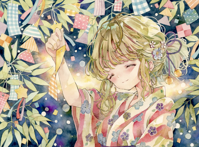 1girl closed_eyes closed_mouth floral_print flower green_hair hair_flower hair_ornament highres japanese_clothes kimono leaf original plaid smile solo star_(symbol) tanabata traditional_media upper_body watercolor_(medium) wide_sleeves yukata yukoring