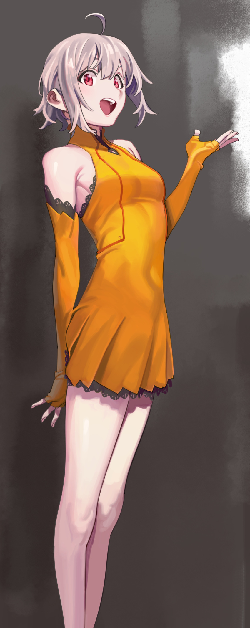 1girl :d abstract_background absurdres ahoge arm_up breasts collar collared_dress commentary_request dress elbow_gloves fingerless_gloves gloves grey_hair henken highres looking_at_viewer open_mouth orange_dress orange_gloves original red_eyes shadow short_dress short_hair simple_background sleeveless sleeveless_dress smile solo standing
