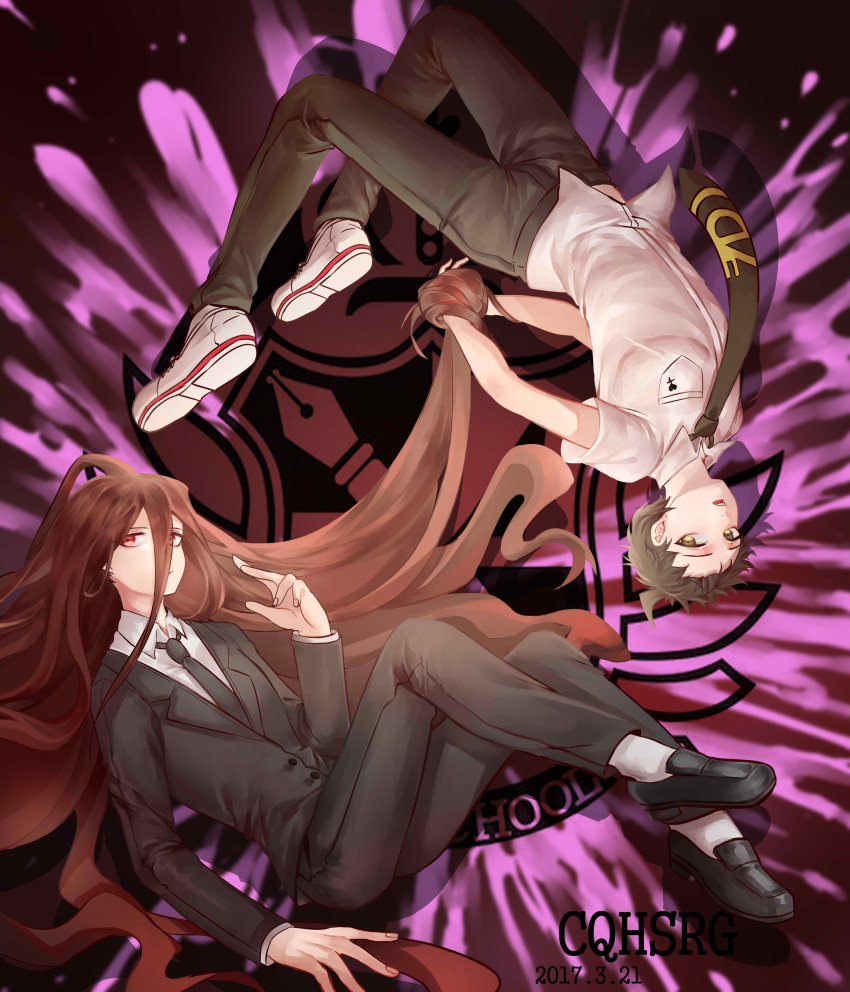 2boys absurdres ahoge bangs black_footwear black_jacket black_neckwear black_pants blood blood_splatter breast_pocket brown_hair brown_neckwear collared_shirt commentary_request dangan_ronpa_(series) dangan_ronpa_2:_goodbye_despair dated formal hand_up highres hinata_hajime jacket kamukura_izuru knees_up logo long_hair long_sleeves looking_at_viewer male_focus multiple_boys necktie pants pink_blood pocket red_eyes rotational_symmetry shirt shoes short_hair spoilers suit tuteurfars_shin upside-down very_long_hair white_footwear white_shirt