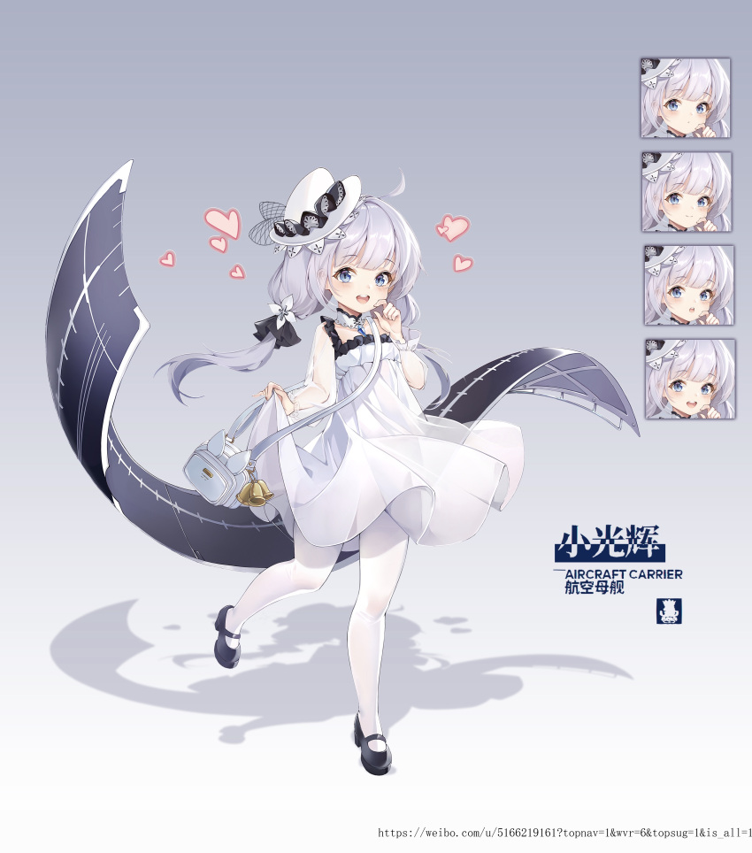 1girl absurdres azur_lane black_footwear blue_eyes child dress dress_lift expressions full_body grey_background hand_to_own_mouth hat heart highres lifted_by_self little_illustrious_(azur_lane) long_hair low_twintails mary_janes open_mouth pantyhose sakana_mochi shoes silver_hair simple_background smile solo twintails white_dress white_headwear white_legwear