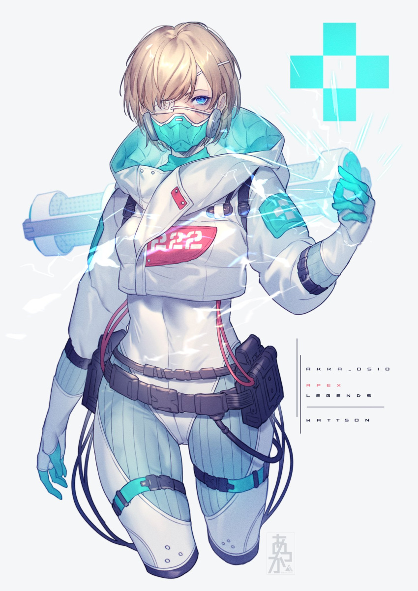 1girl apex_legends bangs belt blonde_hair blue_eyes breasts character_request commentary_request eyepatch gloves hair_over_one_eye highres hood hood_down jacket long_sleeves looking_at_viewer mask mizutama_(mao11260510) mouth_mask pouch short_hair simple_background smile solo thigh_strap upper_body white_background white_jacket