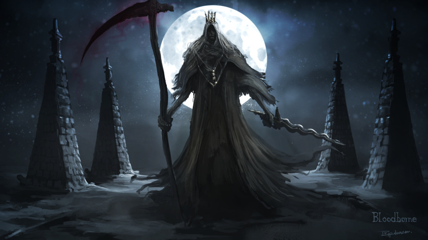 1boy artist_name bloodborne brown_robe copyright_name crown full_body full_moon grey_hair highres holding holding_sword holding_weapon huge_weapon long_hair looking_at_viewer male_focus martyr_logarius moon night robe scythe snow snowing solo standing sword teeth tripdancer undead weapon