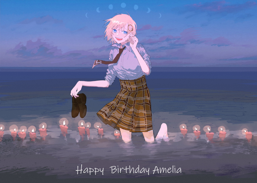 1girl absurdres blonde_hair brown_neckwear candle chinese_commentary clouds collared_shirt hair_behind_ear hair_ornament happy_birthday highres holding holding_clothes holding_footwear hololive hololive_english leg_up looking_at_viewer monocle_hair_ornament moon necktie noedelsgeest ocean open_mouth plaid plaid_skirt shirt skirt sky smile solo virtual_youtuber water watson_amelia