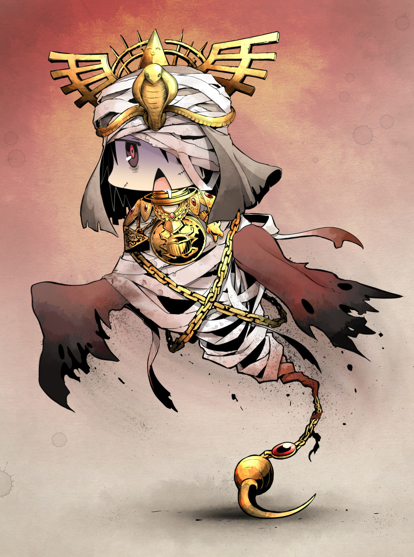 1girl absurdres akurahi alternate_costume bandages black_hair black_sclera chain chibi colored_sclera commentary_request cookie_(touhou) crown drooling dust egyptian egyptian_clothes floating full_body gold gradient gradient_background grey_background hakurei_reimu highres jewelry looking_at_viewer millennium_puzzle mummy_costume necklace open_mouth orange_background red_eyes reu_daikon sakenomi_(cookie) scarab shadow short_hair snake solo stitches touhou triangle_mouth turn_pale yu-gi-oh! yu-gi-oh!_duel_monsters