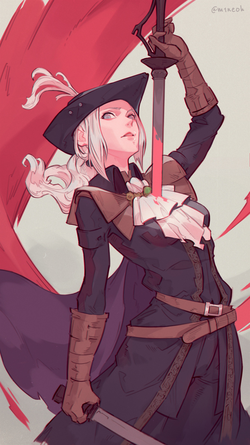 1girl ascot belt blood blood_stain bloodborne brown_belt brown_gloves cape cravat double-blade dual_wielding gloves grey_eyes hat hat_feather highres holding holding_sword holding_weapon jiro_(ninetysix) lady_maria_of_the_astral_clocktower parted_lips ponytail rakuyo_(bloodborne) sidelocks silver_hair stab sword the_old_hunters tricorne weapon