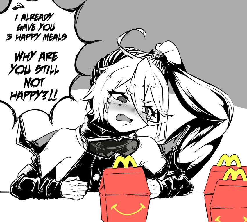 1girl ahoge angry blush clenched_hands english_commentary english_text eyebrows_visible_through_hair frown girls_frontline goggles goggles_around_neck hair_between_eyes happy_meal highres jacket long_hair mcdonald's meme monochrome nym off_shoulder open_mouth pkp_(girls_frontline) ponytail scrunchie side_ponytail solo spot_color