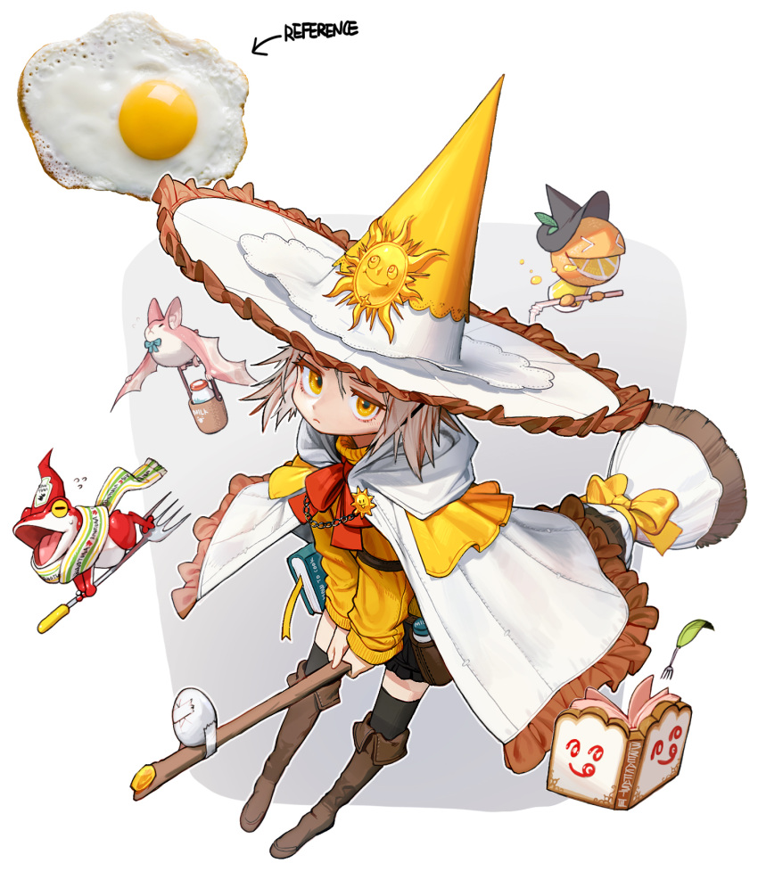 1girl bat black_legwear blonde_hair book boots bottle bow broom brown_footwear cape creature drink drinking_straw expressionless food fork fried_egg frilled_cape hat highres hood hood_down leaf long_sleeves looking_at_viewer original ribbon rinotuna scarf shirt short_hair socks solo thighhighs white_cape witch_hat yellow_bow yellow_eyes yellow_ribbon yellow_shirt
