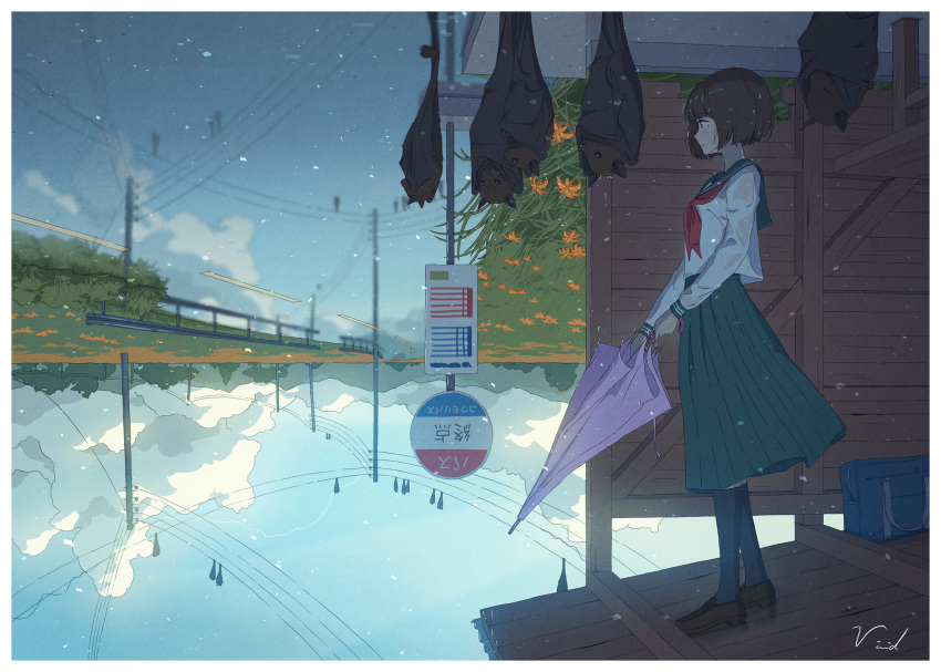 1girl bat bibido black_legwear blue_skirt brown_hair bus_stop closed_umbrella day highres holding holding_umbrella original pink_umbrella power_lines reflection road_sign scenery school_uniform serafuku shirt sign skirt umbrella upside-down wet white_shirt