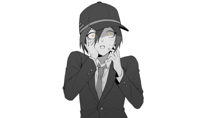 1boy bangs blush collared_shirt commentary_request dangan_ronpa_(series) dangan_ronpa_v3:_killing_harmony ewa_(seraphhuiyu) formal greyscale hair_between_eyes hand_on_own_face hat highres jacket long_sleeves looking_at_viewer male_focus monochrome necktie official_alternate_costume open_mouth saihara_shuuichi shaded_face shirt simple_background solo spot_color star_(symbol) star_print sweatdrop upper_body upper_teeth white_background yellow_eyes