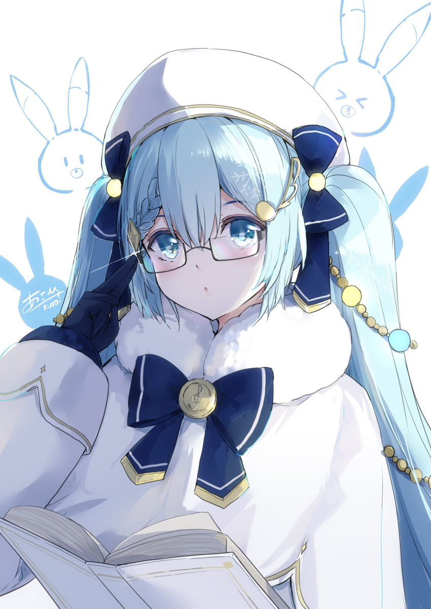 &gt;_&lt; 1girl :o adjusting_eyewear asahi_kuroi beret bespectacled blue_bow blue_gloves blue_neckwear book bow bowtie braid braided_bangs capelet christmas_lights commentary dress fur-trimmed_capelet fur_trim glasses glint gloves gold_trim hair_bow hair_ornament hat hatsune_miku highres holding holding_book light_blue_eyes light_blue_hair looking_at_viewer musical_note_hair_ornament open_book open_mouth rabbit rabbit_yukine signature snowflake_print sparkle treble_clef twintails vocaloid white_background white_capelet white_dress white_headwear yuki_miku yuki_miku_(2021)