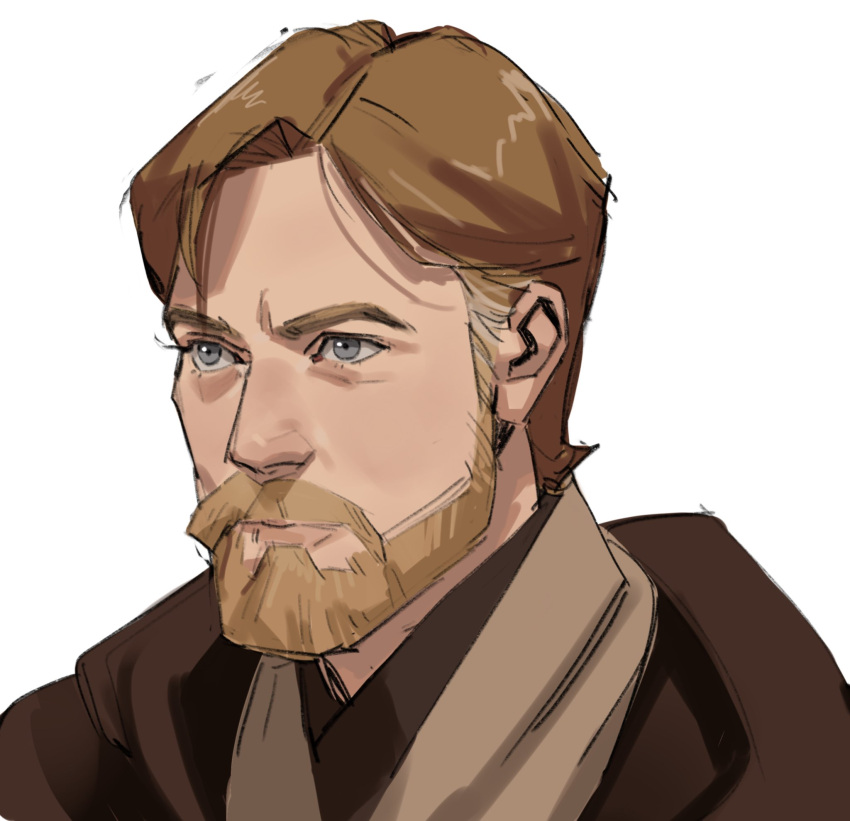 1boy bangs beard brown_hair brown_robe closed_mouth expressionless facial_hair grey_eyes highres lips looking_to_the_side male_focus mustache obi-wan_kenobi portrait short_hair simple_background solo star_wars thisuserisalive white_background
