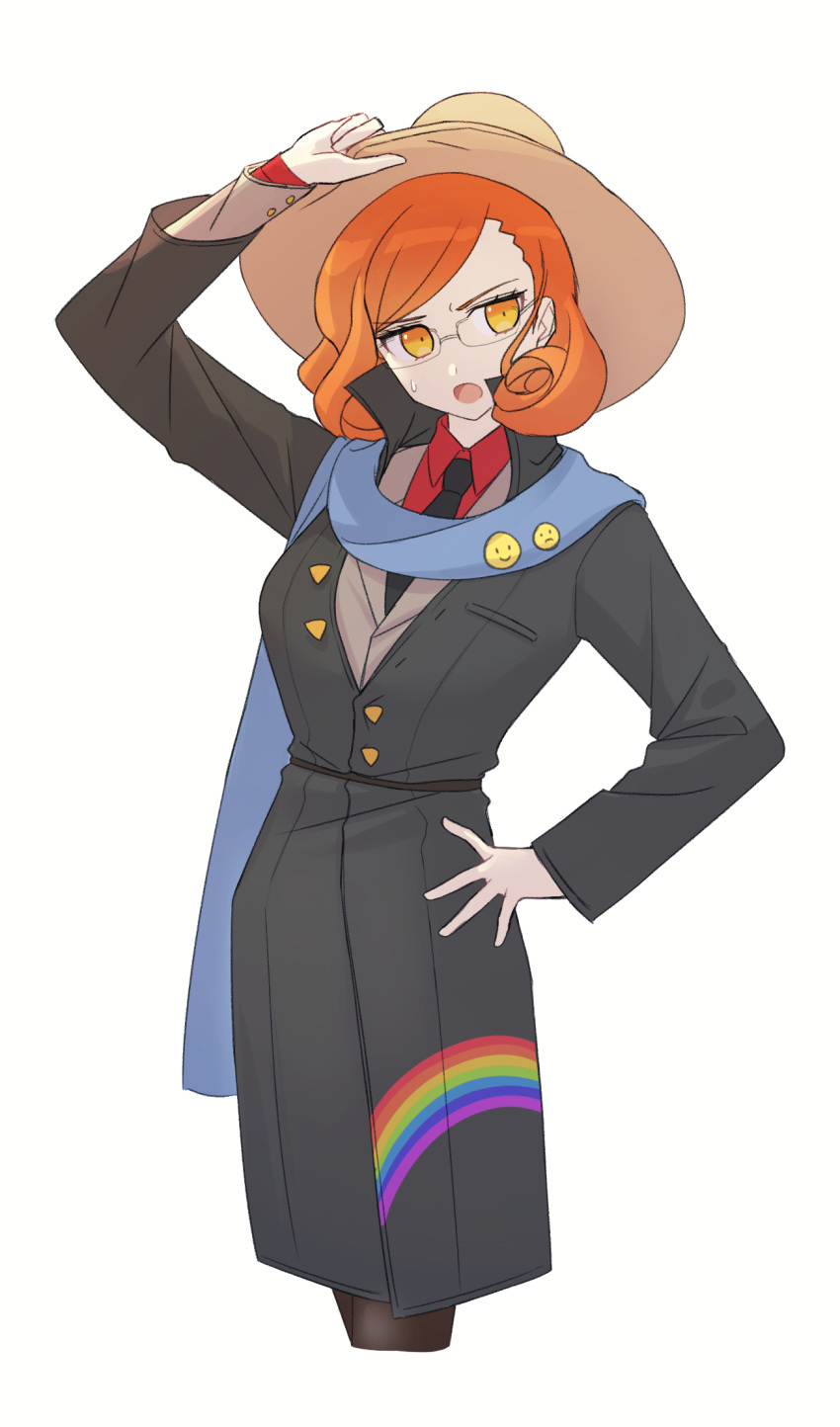 1girl :o arm_up bangs black_coat black_legwear black_neckwear breasts coat cosplay cowboy_shot cropped_legs dangan_ronpa_another emoji glasses hand_on_hip hat highres jacket long_sleeves looking_at_viewer mekaru_rei necktie open_mouth orange_eyes orange_hair otori_teruya otori_teruya_(cosplay) ppakunak rainbow_print red_shirt shirt short_hair simple_background skirt solo white_background yellow_eyes