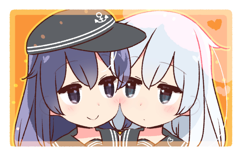 2girls akatsuki_(kantai_collection) anchor_symbol black_hair black_sailor_collar cheek-to-cheek commentary_request flat_cap hat hibiki_(kantai_collection) kantai_collection long_hair multiple_girls sailor_collar school_uniform serafuku silver_hair smile upper_body yoru_nai