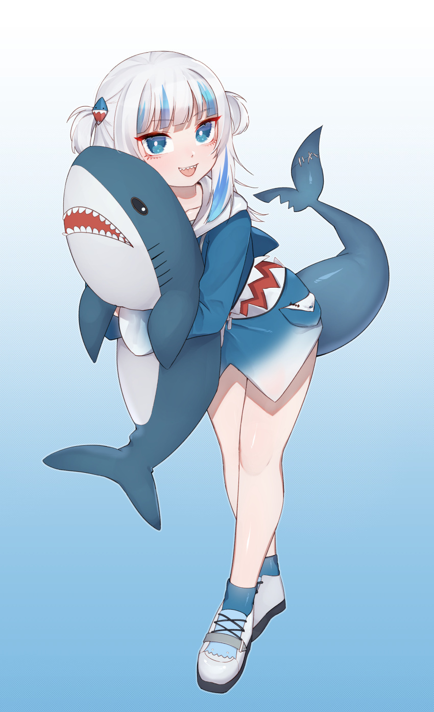 1girl absurdres animal_costume bangs blue_background blue_eyes blue_hair blunt_bangs blush chamyi eyebrows_visible_through_hair fish_tail full_body gawr_gura gradient gradient_background highres holding holding_stuffed_toy hololive hololive_english looking_at_viewer multicolored_hair open_mouth shark_costume shark_girl shark_tail sharp_teeth short_hair smile solo stuffed_animal stuffed_shark stuffed_toy tail teeth two-tone_hair virtual_youtuber white_hair