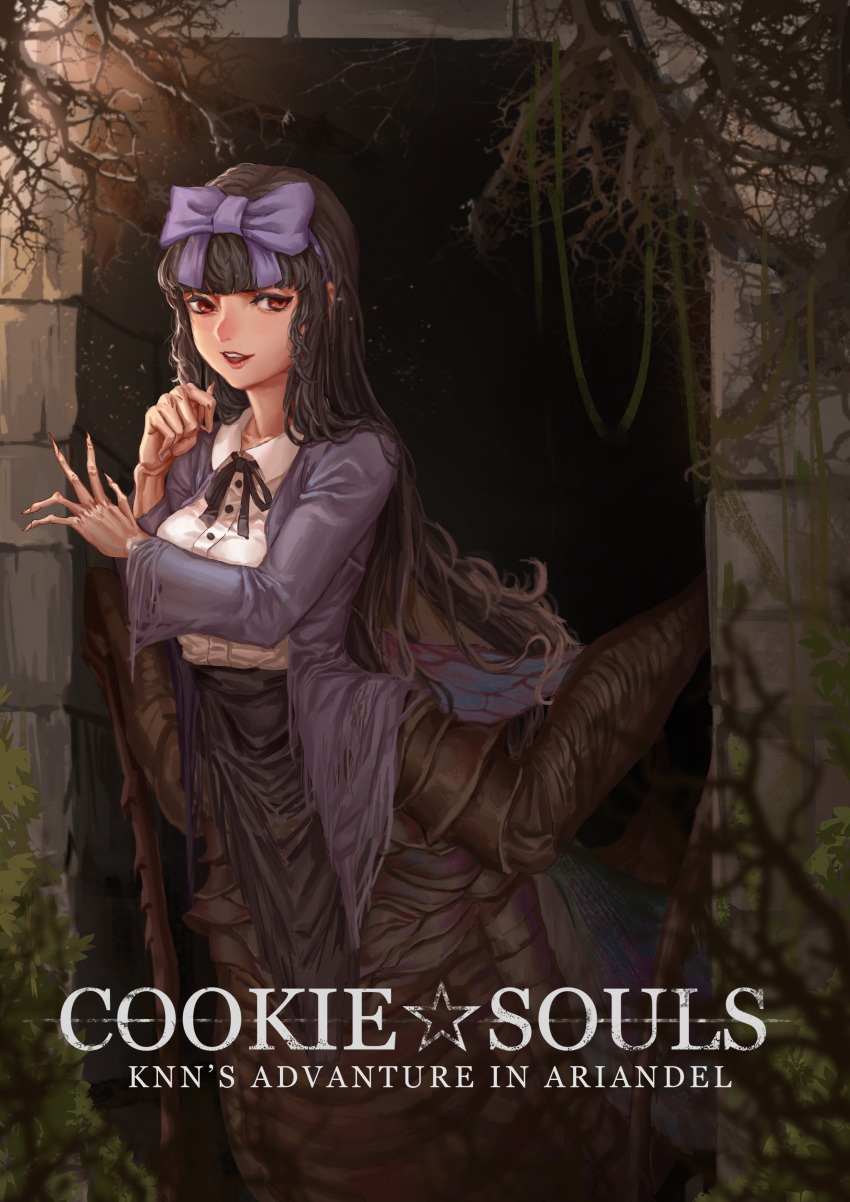 1girl absurdres bangs black_hair black_skirt blunt_bangs bow breasts brick brown_eyes collared_shirt commentary_request cookie_(touhou) crossover dark_souls_iii english_text extra_legs full_body hair_bow highres insect_girl jacket long_hair looking_to_the_side medium_breasts monster_girl open_mouth plant purple_bow purple_jacket shirt shirt_tucked_in shunga_youkyu skirt solo souls_(from_software) standing star_(symbol) star_sapphire sunlight tomovan torn_clothes torn_jacket torn_skirt touhou upper_teeth vines white_shirt