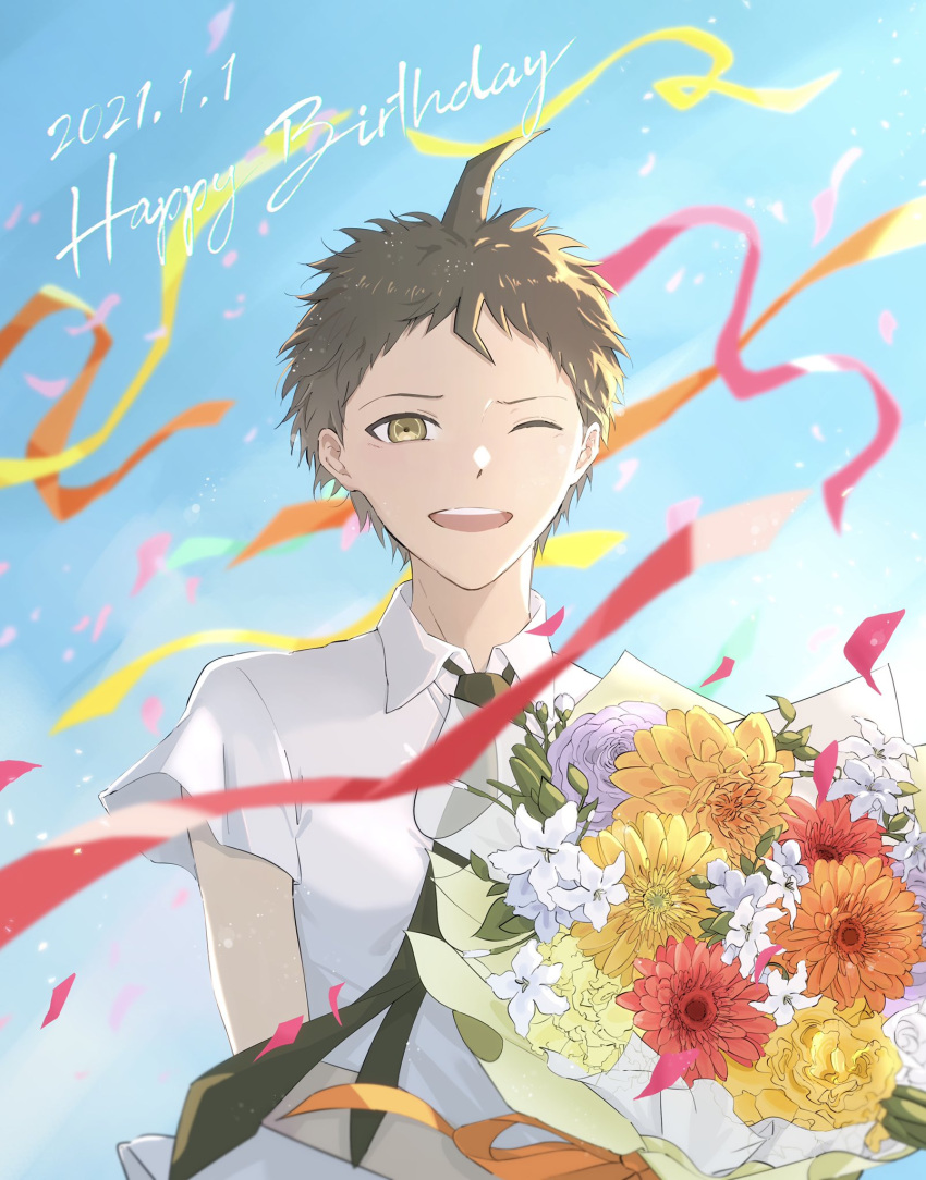 1boy ;d ahoge bangs bouquet brown_eyes brown_hair collared_shirt commentary_request confetti dangan_ronpa_(series) dangan_ronpa_2:_goodbye_despair flower happy_birthday highres hinata_hajime holding holding_bouquet looking_at_viewer male_focus necktie one_eye_closed open_mouth orange_flower petals pink_flower ribbon shirt short_hair sky smile solo upper_body white_flower white_shirt yana_(87ng0) yellow_flower