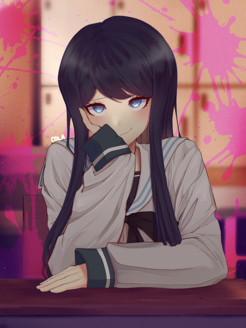 1girl artist_name bangs black_hair blood blood_splatter blue_eyes blue_hair blurry blurry_background c01a_(cola) closed_mouth commentary dangan_ronpa:_trigger_happy_havoc dangan_ronpa_(series) desk grey_shirt hair_ornament hairclip hand_on_own_face head_rest highres long_hair long_sleeves looking_at_viewer maizono_sayaka pink_blood sailor_collar school_desk school_uniform shirt smile smug solo swept_bangs upper_body white_shirt