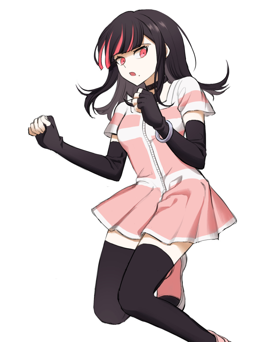 1girl akudama_drive bangs black_choker black_gloves black_hair black_legwear choker dress elbow_gloves fingerless_gloves foot_out_of_frame gloves hands_up highres long_hair looking_at_viewer multicolored_hair no_(xpxz7347) open_mouth pink_dress pink_eyes pink_hair red_eyes short_sleeves solo swindler_(akudama_drive) thigh-highs transparent_background two-tone_hair zettai_ryouiki
