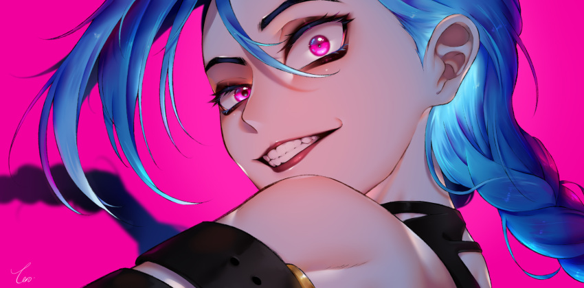 1girl bangs bare_shoulders braid from_side green_hair grin hair_between_eyes highres jinx_(league_of_legends) league_of_legends long_hair looking_at_viewer pink_background pink_eyes shiny shiny_hair signature smile solo teeth tero_(terotero3187) twin_braids
