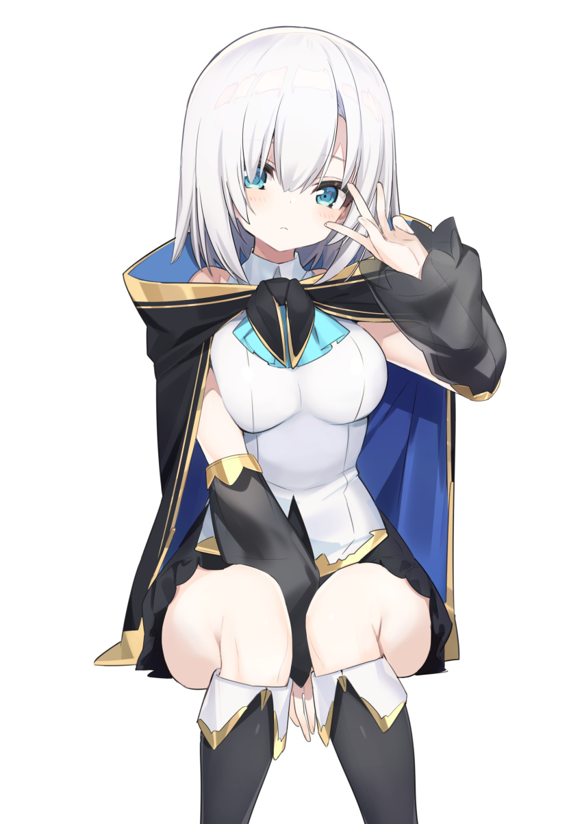 1girl absurdres arm_between_legs ars_almal blue_eyes boots breasts cape cravat detached_sleeves fuubuu highres knee_boots looking_at_viewer medium_breasts nijisanji see-through_sleeves short_hair simple_background sitting solo two-tone_cape virtual_youtuber white_background white_hair