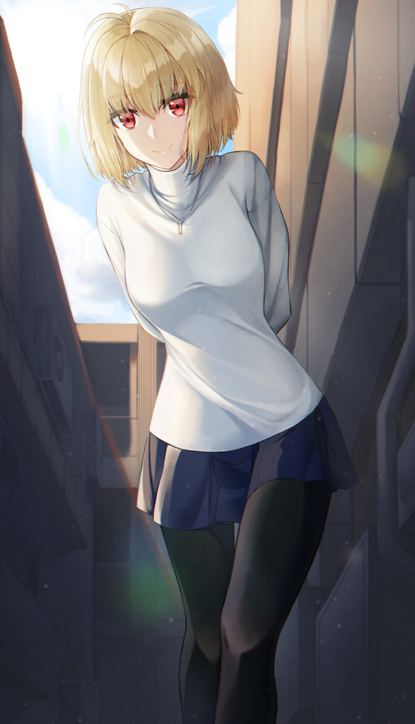 1girl absurdres ahoge alley arcueid_brunestud arms_behind_back black_legwear blonde_hair blue_skirt bob_cut breasts building closed_mouth contrapposto eyebrows_visible_through_hair feet_out_of_frame from_below hair_between_eyes highres huge_filesize jewelry leaning_forward leaning_to_the_side lens_flare long_sleeves looking_at_viewer medium_breasts necklace pantyhose pleated_skirt red_eyes short_hair skirt sky slender_waist smile solo sora_(men0105) sweater thigh_gap tsukihime turtleneck turtleneck_sweater white_sweater