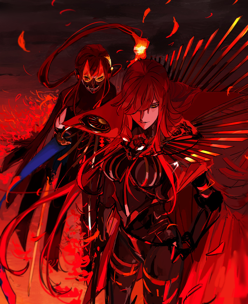 1boy 1girl bangs black_bodysuit black_cape bodysuit brother_and_sister cape enilefilnoztlaw fate/grand_order fate_(series) fire hair_between_eyes hair_over_one_eye highres long_hair mask monochrome oda_nobukatsu_(fate/grand_order) oda_nobunaga_(fate)_(all) oda_nobunaga_(maou_avenger)_(fate) red_cape red_theme redhead siblings very_long_hair