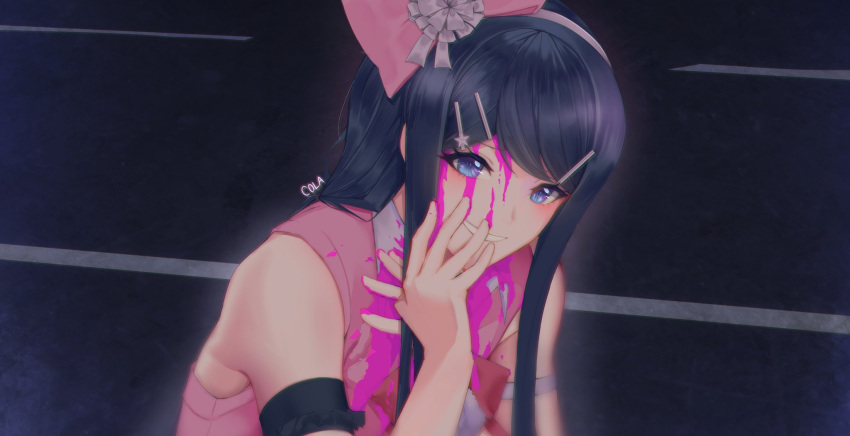1girl arm_cuffs artist_name bangs bare_shoulders black_hair blood blood_on_face bloody_clothes blue_eyes bow c01a_(cola) dangan_ronpa:_trigger_happy_havoc dangan_ronpa_(series) frills grin hair_bow hair_ornament hairclip hand_on_own_face highres long_hair looking_at_viewer maizono_sayaka official_alternate_costume pink_blood pink_bow smile solo star_(symbol) star_hair_ornament upper_body virtual_youtuber
