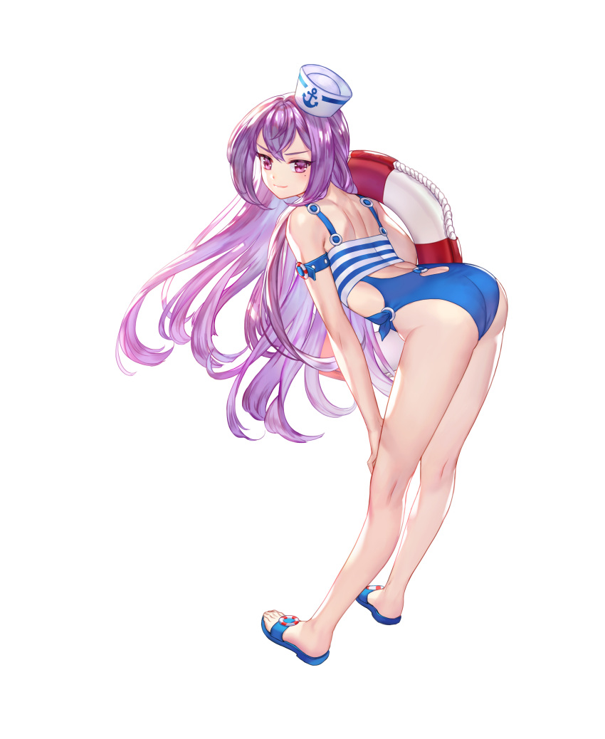 1girl absurdres anchor_symbol arched_back arm_strap ass bare_legs bare_shoulders bent_over blue_swimsuit full_body hand_on_own_knee hanus_(king's_raid) hat highres king's_raid lifebuoy long_hair long_legs looking_at_viewer looking_back mole mole_under_eye official_art one-piece_swimsuit purple_hair sailor_hat slippers smile solo standing swimsuit thighs transparent_background very_long_hair violet_eyes white_headwear