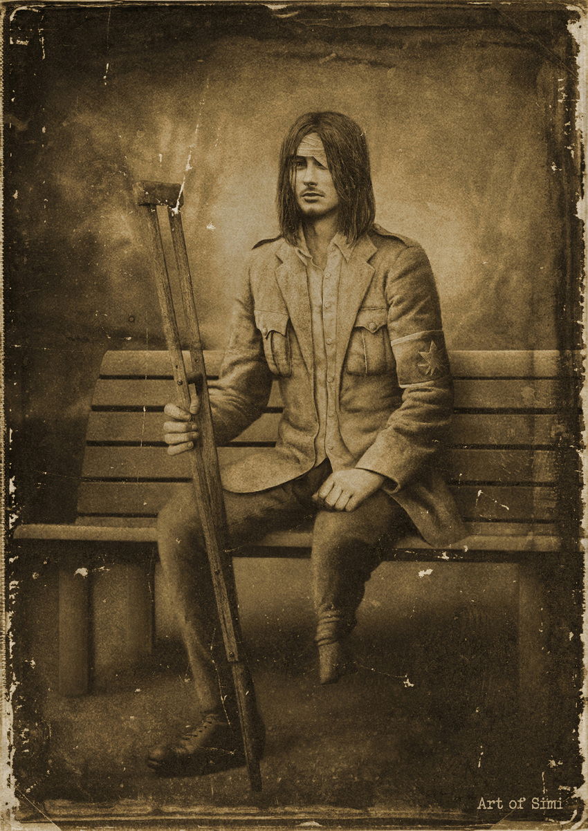 amputee bandage_over_one_eye bandages beard bench crutch emblem eren_yeager facial_hair full_body highres long_hair marley_military_uniform military military_uniform pants photorealistic portrait realistic sepia shingeki_no_kyojin shirt shoes simi_braun sitting uniform white_shirt